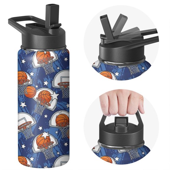 Basketball and Star Blue Pattern Insulated Water Bottle with Straw, Vacuum Insulated Stainless Steel Drink Container Double Wall Vacuum Insulation Gifts Ideas for Teens Adults Office Workers Teachers