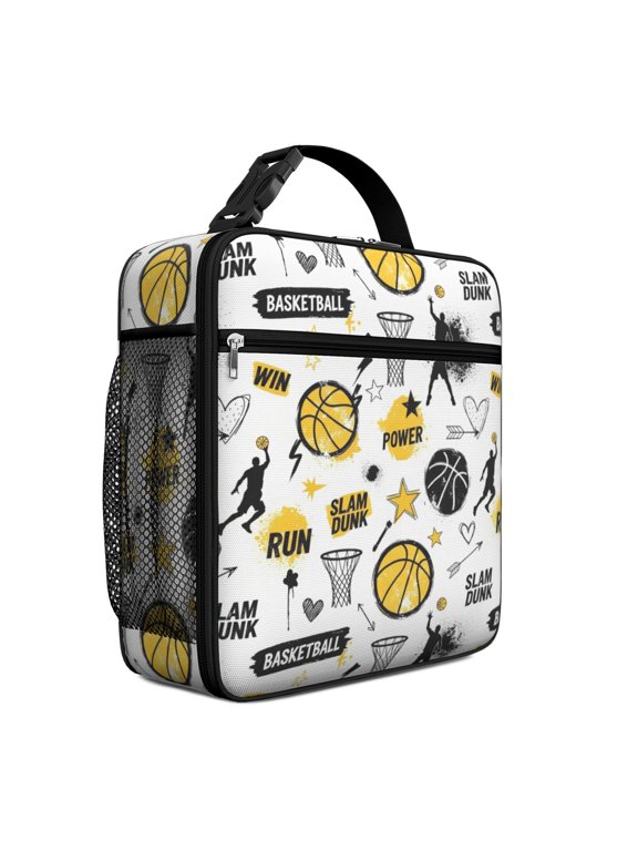 Basketball and Star White Pattern Mini Insulated Lunch Bag, Work Lunch Cooler with Side Mesh Pocket & Adjustable Handle, Waterproof Oxford Gifts for Work School Outdoor
