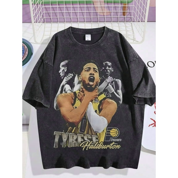 Basketball Style T-Shirt , Star, Loose Retro Washed Fashionable Top, Men's T-Shirt