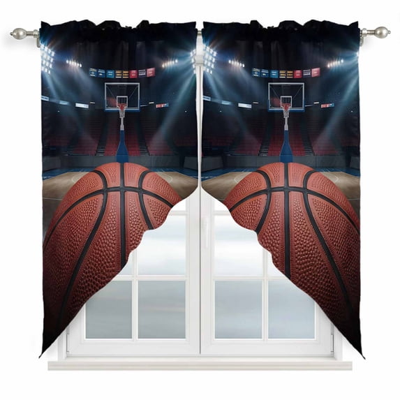 Basketball Swag Valances for Windows, Kitchen Curtains 36 Inch Length 2 Panels Set, Sports Theme Stadium Field Lights Ball Short Curtains for Small Windows Rod Pocket Cafe Curtains Drapes 28"x36"