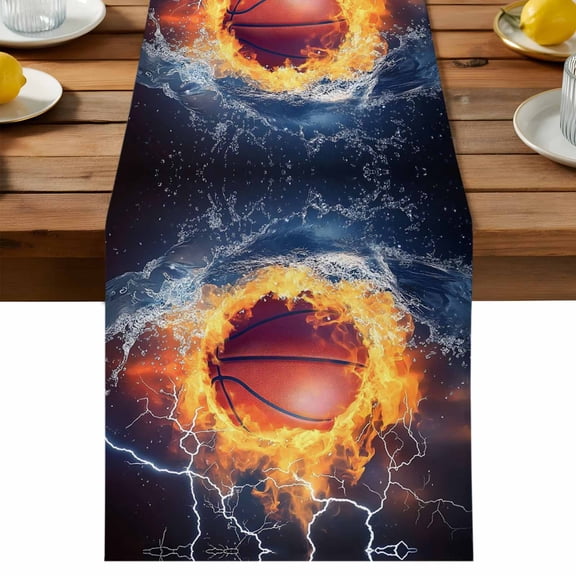 Basketball Table Runner, Abstract Fire and Water Cotton Linen Table Cloth, Lightning Impact Tablerunner for Kitchen Dining Party Wedding Home Decor 13x36 Inch