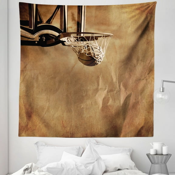 Basketball Tapestry, Ball in the Net on Crumpled Paper Style Backdrop Scoring Sports Competition Print, Fabric Wall Hanging Decor for Bedroom Living Room Dorm, 5 Sizes, Sepia, by Ambesonne