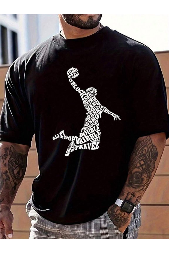Basketball Term Word Art Dunk Silhouette Graphic T-Shirt, Sports Aesthetic Design, Casual Streetwear Top