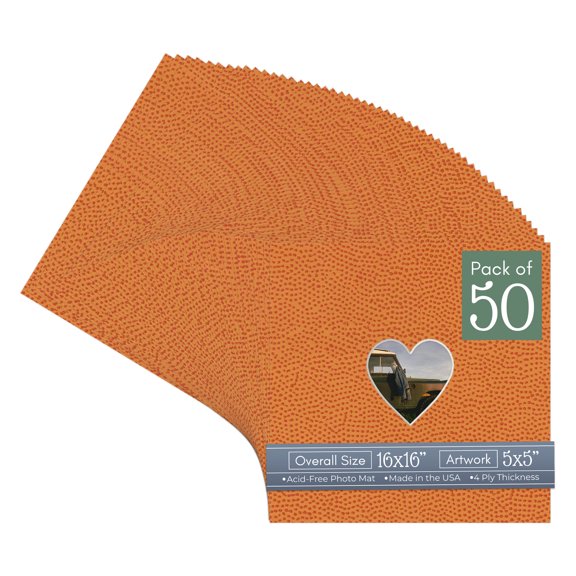 Basketball Texture Picture Frame Mat for 16x16 Frames - Heart Opening for 5x5 Photos - 50 Mats