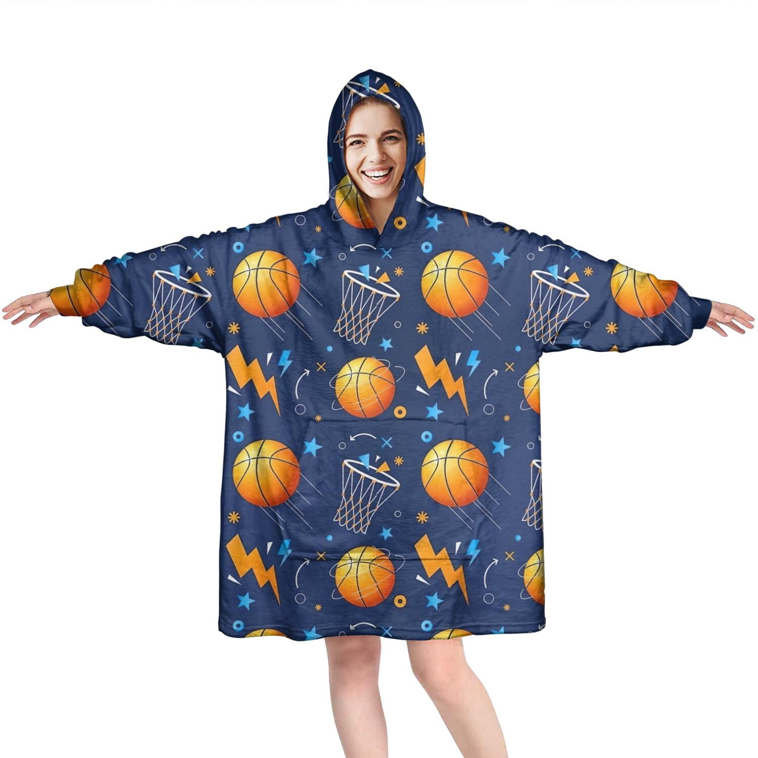 Basketball Theme Pattern Wearable Oversized Blanket,Wearable Blanket Hoodie for Adults,Cozy Hooded Blankets with Super Pockets,Super Warm Fuzzy Pullover for Women & Men