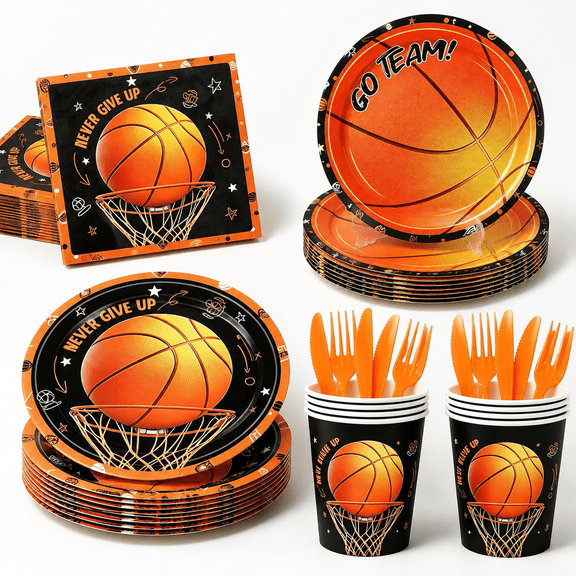 Basketball Themed Party Supply Set, Serves 24, Includes Plates, Cups, Napkins, Utensils