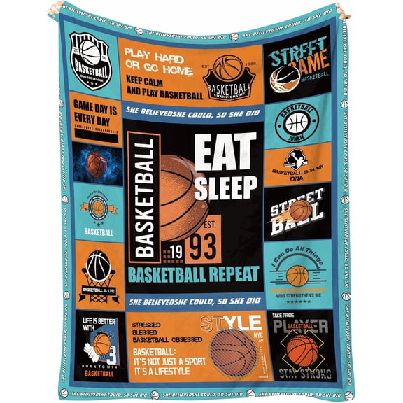 Basketball Throw Blanket 60 x 50 – Soft Flannel Fleece Sports Room Decor for Boys & Girls, Teen Collage Poster Style, Cozy Couch/Bed Throw, Machine Washable Gift for Basketball Fans