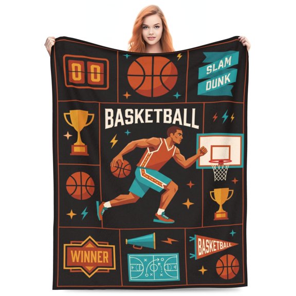 Basketball Throw Blanket, Soft Cozy Flannel Sports Blanket, Warm Home Decor for Bedroom Sofa Couch Bed, Gift for Basketball Players 50x40