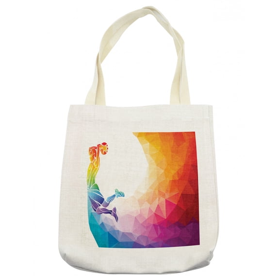 Basketball Tote Bag, Rainbow Colored Vivid Theme a Player Sports Man Jumps Scoring Print, Cloth Linen Reusable Bag for Shopping Books Beach and More, 16.5" X 14", Cream, by Ambesonne