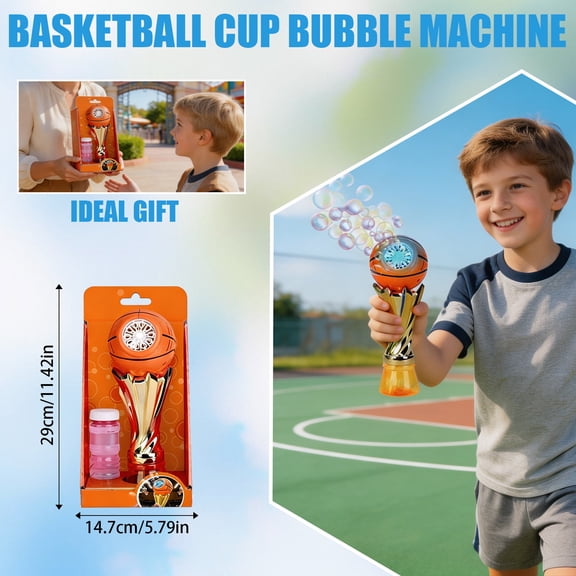 Basketball Trophy Bubble Blowing Machine for Basketball Games and Basketball Fans, Automatic Bubble Maker with LED Light and 100ml Bubble Solution, Electric Handheld Bubble Blower (Orange)