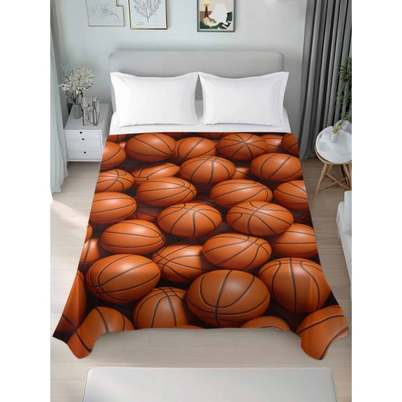 Basketball Twim Size Flat Sheet, Wrinkleproof & Fadeproof Cooling Flat Bed Sheet Only, Sports Brown Basketball Breathable Soft Bedding Top Sheets 66 x 96 Inches