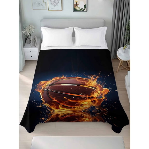 Basketball, Twim XL Size Flat Sheet, Wrinkleproof & Fadeproof Cooling Flat Bed Sheet Only, Sports Black Orange Breathable Soft Bedding Top Sheets 66 x 102 Inches