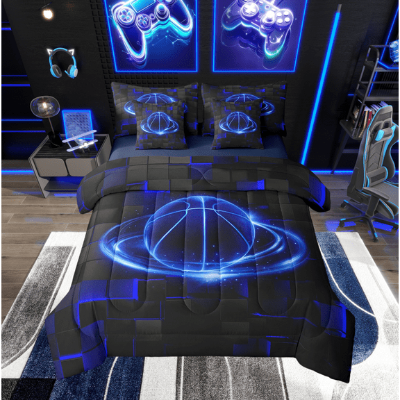 Erosebridal Basketball Twin Comforter Set with Sheets - 7 Pieces Neon Basketball Bedding Twin Size for Boys,Geometric 3D Grid Bed in a Bag with Comforter