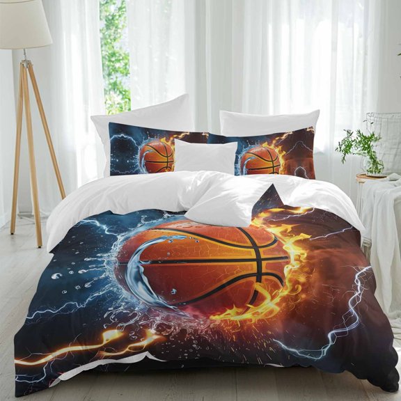 Basketball Twin Size Comforter Set, Fire and Water Lightning Impact Bedding for All Seasons, 4 Pcs Bed Set, 1 Quiltcover (68"x86") ,1Sheet(67"x116"), 2Pillowcases (30"x20")