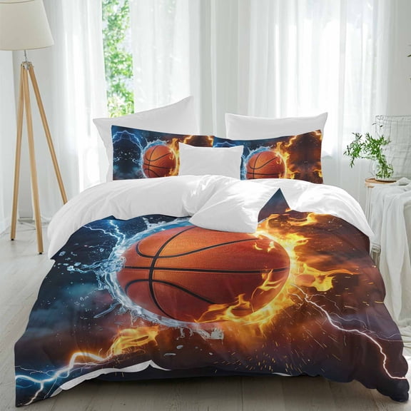 Basketball Twin Size Comforter Set, Water and Fire Lightning Impact Bedding for All Seasons, 4 Pcs Bed Set, 1 Quiltcover (68"x86") ,1Sheet(67"x116"), 2Pillowcases (30"x20")