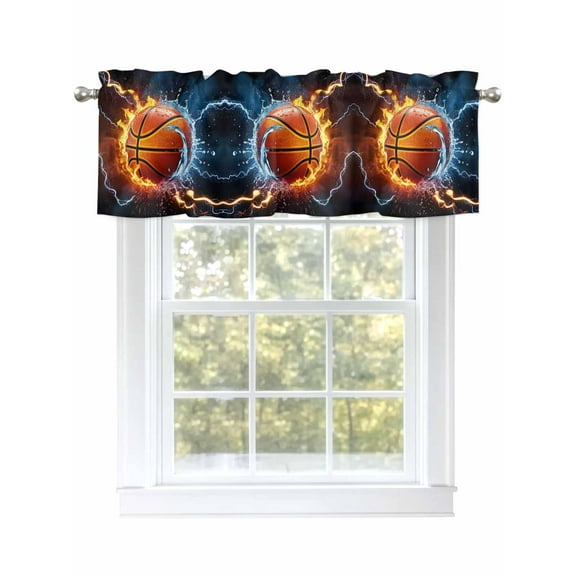 Basketball Valances for Windows, Rod Pocket Kitchen Valance Curtains - Soft & Washable Small Window Treatment for Living Room,&nbsp;Bathroom, Lightning Water And Fire, 54x18inch