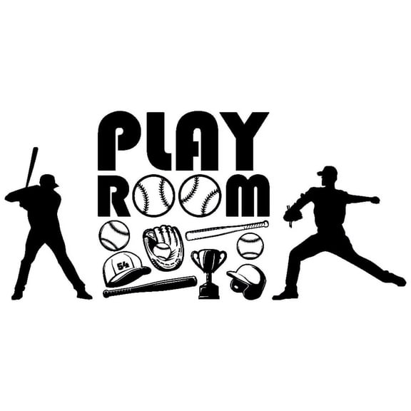 Basketball, Volleyball, Tennis, and Baseball Equipments with Players Playing for Kid's Room Wall Decor - Playroom Logo with Sports Collection Background Design Vinyl Wall Decal - Entrance Banner Word