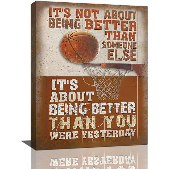 Basketball Wall Art Motivational Quotes Pictures Wall Decor Sports Canvas Prints Painting Retro Basketball Framed Artwork for Boy Men Basketball Player''s Room Living Room Office Classroom 12"x16"