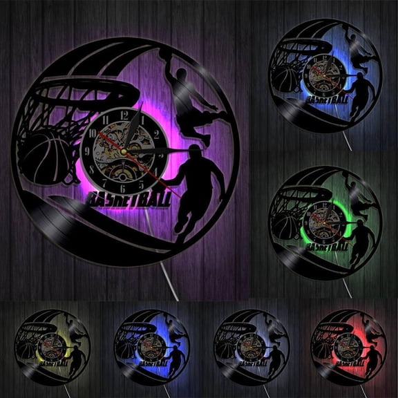 Basketball Wall Clock Basketball Players Silhouette Wall Art Vinyl Record Wall Clock Basketball Home Decor Sports Gift With LED
