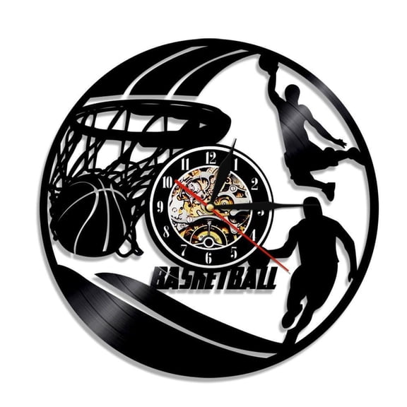 Basketball Wall Clock Basketball Players Silhouette Wall Art Vinyl Record Wall Clock Basketball Home Decor Sports Gift Without LED