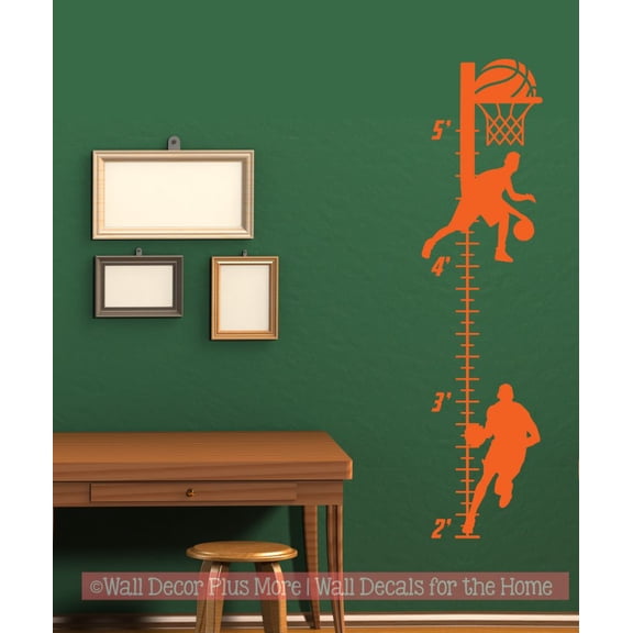 Basketball Wall Growth Chart for Kids - Boys Height Ruler Decal Sticker - Basketball Vinyl Wall Decor - Height Measurement Decal 10.5 x 42.5- Inch Orange