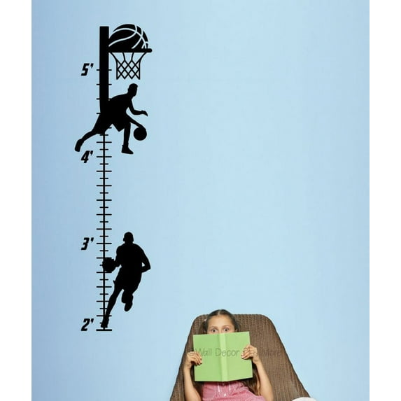 Basketball Wall Growth Chart for Kids - Basketball Vinyl Wall Decor - Height Measurement Decal - Boys Height Ruler Decal Sticker 10.5 x 42.5- Inch Black