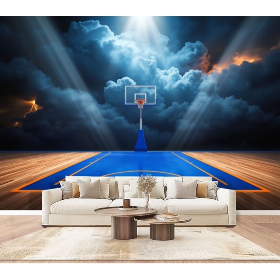 Basketball Wallpaper Basketball Court Under Dramatic Sky Peel and Stick Wall Murals 100"H x 144"W Removable PVC Wall Paper Self-Adhesive Wall Paintings Art Decor for Bedroom Living Room