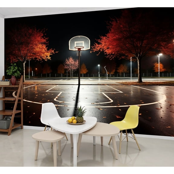 Basketball Wallpaper Basketball Court Night Autumn Trees Peel and Stick Wall Murals 69"H x 96"W Removable PVC Wall Paper Self-Adhesive Wall Paintings Art Decor for Bedroom Living Room