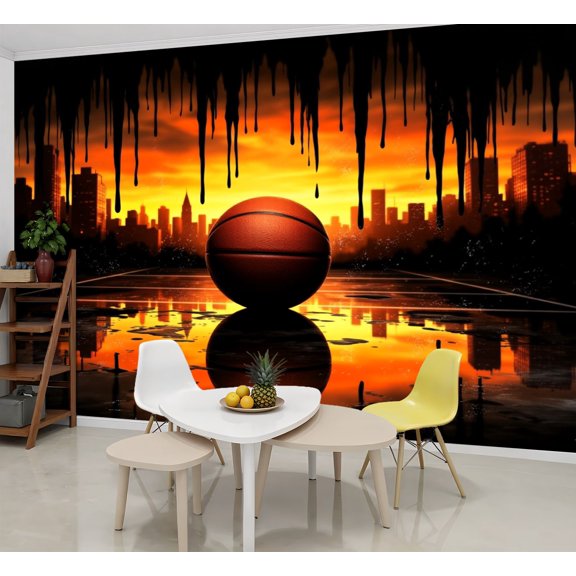 Basketball Wallpaper Basketball Reflective Court Fiery Peel and Stick Wall Murals 69"H x 96"W Removable PVC Wall Paper Self-Adhesive Wall Paintings Art Decor for Bedroom Living Room