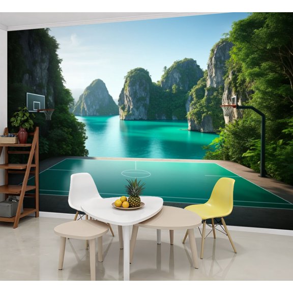 Basketball Wallpaper Scenic Basketball Court Overlooking Peel and Stick Wall Murals 69"H x 96"W Removable PVC Wall Paper Self-Adhesive Wall Paintings Art Decor for Bedroom Living Room