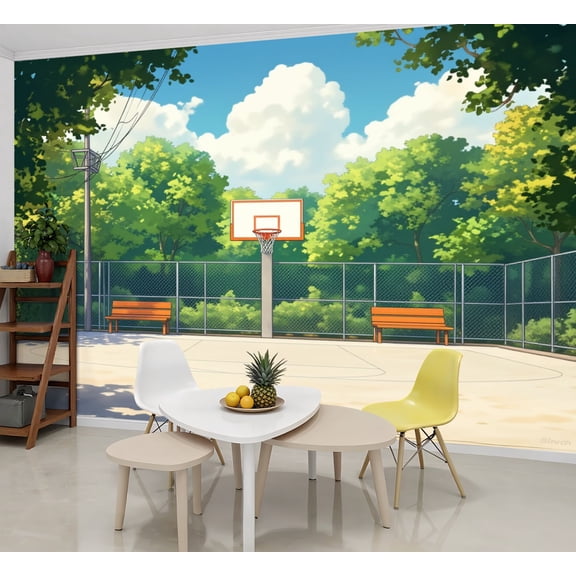 Basketball Wallpaper Sunny Outdoor Basketball Court Peel and Stick Wall Murals 69"H x 96"W Removable PVC Wall Paper Self-Adhesive Wall Paintings Art Decor for Bedroom Living Room