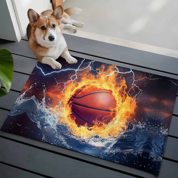 Basketball Washable Area Rug 2x3 Abstract Fire and Water Lightning Impact Low-Profile Area Rugs with Non Slip Backing Indoor Floor Carpet for Entrance Living Room Bedroom Home Office