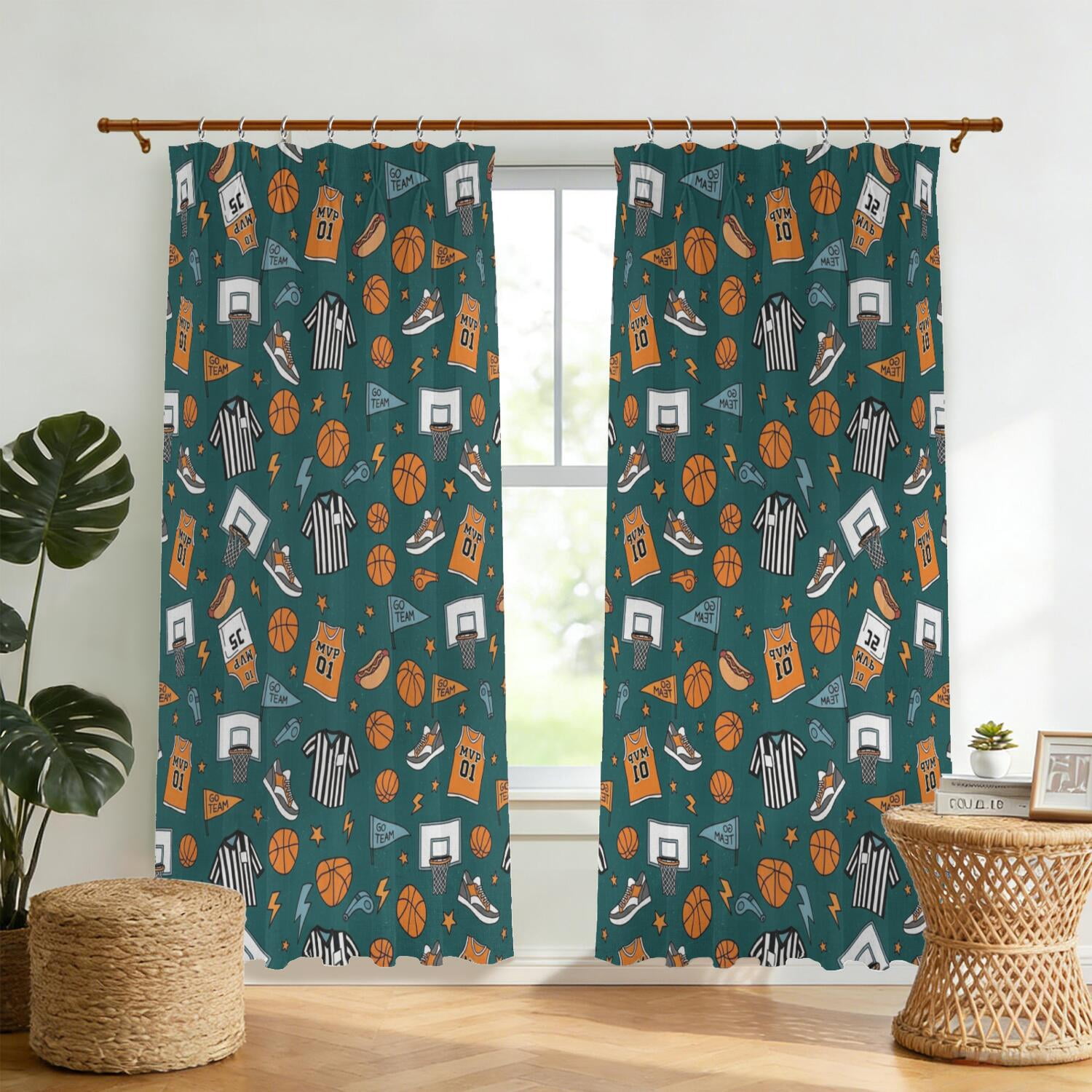 Basketball and Whistle Teal Pattern Pinch Pleat Semi Sheer Linen ...