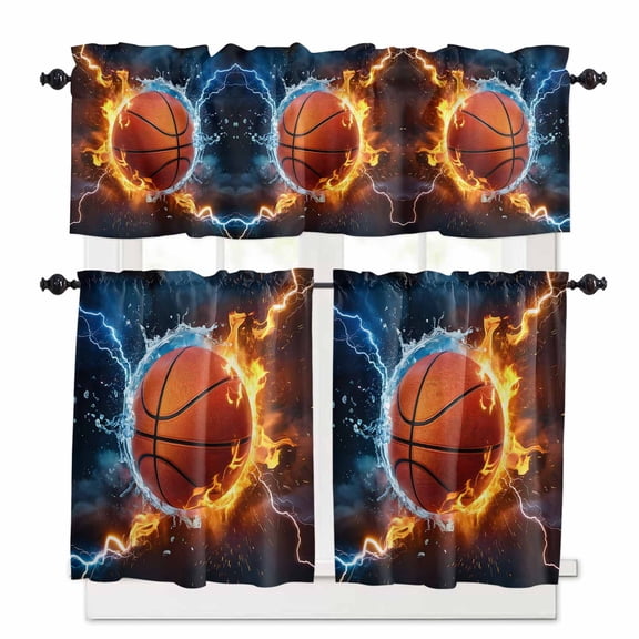 Basketball Window Curtains Valance Set of 3 Water and Fire Lightning Impact Rod Pocket Small Kitchen Curtain, Soft Window Treatment for Bedroom Party Holiday Decor