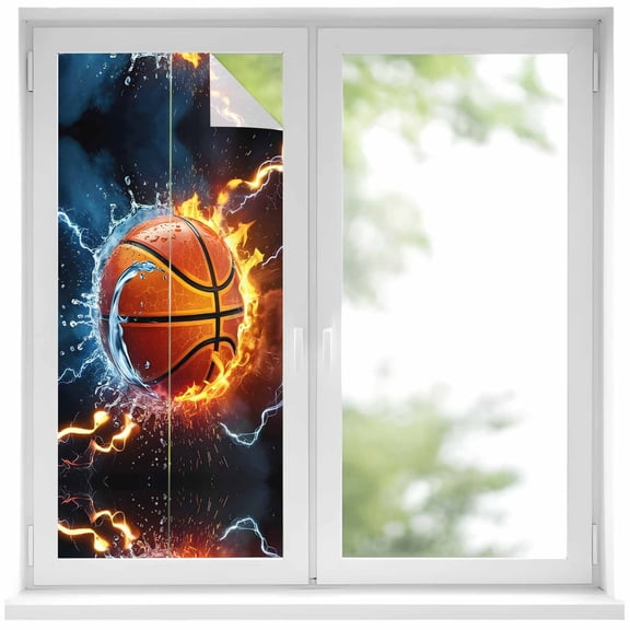 Basketball Window Privacy Film 19.6x39.3in Fire and Water Lightning Impact Decorative Window Film with Static Cling, UV Filtering Window Cling Privacy Film for Glass Doors and Windows