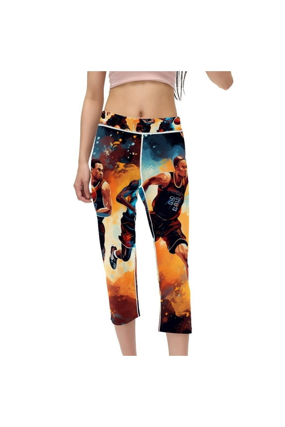 Basketball Women's High Waist Capris Compression Leggings, Non-See-Through Printed Pants for Running, Fitness, Yoga
