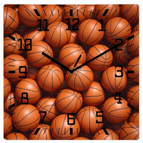 Basketball Wooden Wall Clock Silent Non Ticking, Sports Brown Basketball Square Wall Clocks Battery Operated, Decor Clock for Home Office, Living Room, Kitchen, 12 Inch