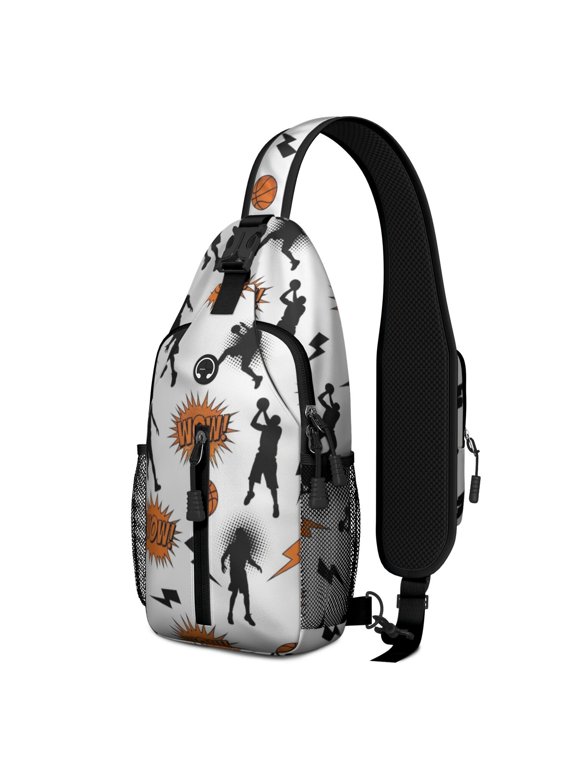 Basketball and Wow White Pattern Sling Backpack, Casual Day Sling Pack with Earphone Port, Breathable Padded Back Gift Ideas for Hiking Cycling Walking