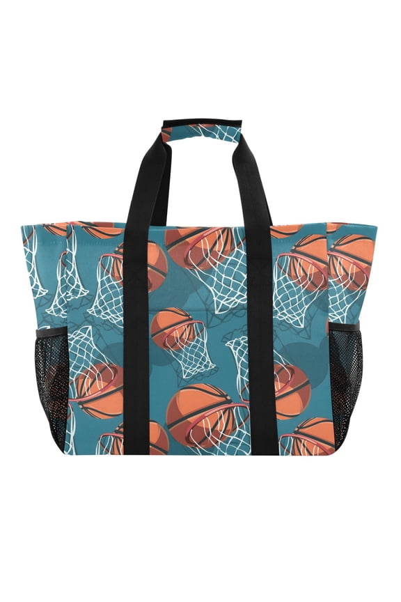 Basketball and Baskets Reusable Grocery Bags with Handle Side Pocket Waterproof Shopping Portable Tote