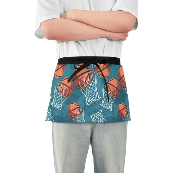 Basketball and Baskets Server Apron with 3 Pockets Waterproof Waitress Waist Short Apron for Man Woman 12 Inches
