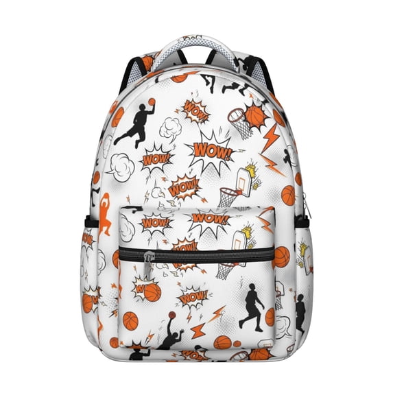 Basketball and Blast White Pattern Backpack for School, Cute School Bag with Adjustable Shoulder Straps and Padded Back, 15.3"x11"x7.1"