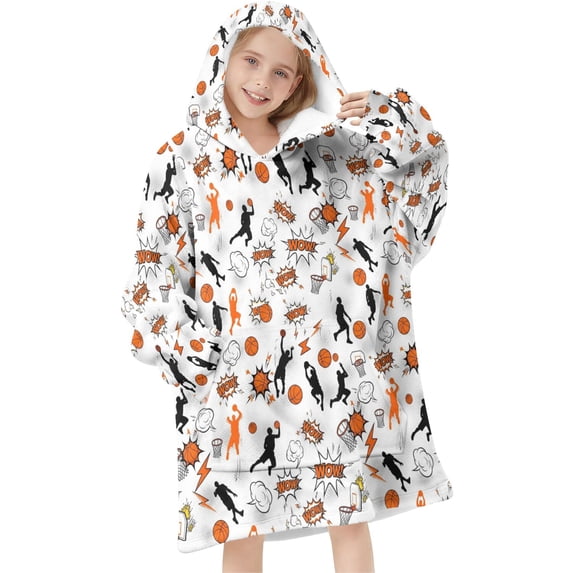 Basketball and Blast White Pattern Flannel Blanket Hoodies for Teens ,Teens Oversize Sherpa Wearable Hooded Blanket Sweatshirt with Super Pockets