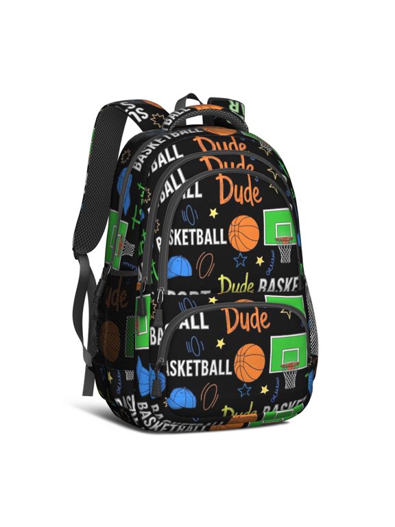 Basketball and Cap Black Pattern Backpack for School, Cute School Bag with Adjustable Shoulder Straps and Padded Back, 16.9"x12.6"x5.9"