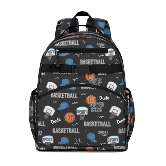 Basketball and Cap Black Pattern Cute School Backpack Bag for School with Padded Back and Adjustable Shoulder Straps 15.25"x11.5"x5.25"