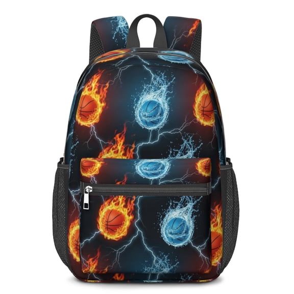 Basketball and Fire Black Pattern 17" Waterproof Oxford School Backpacks for Teens, S-Shape Padded Straps, for School, Travel, Hiking, Camping