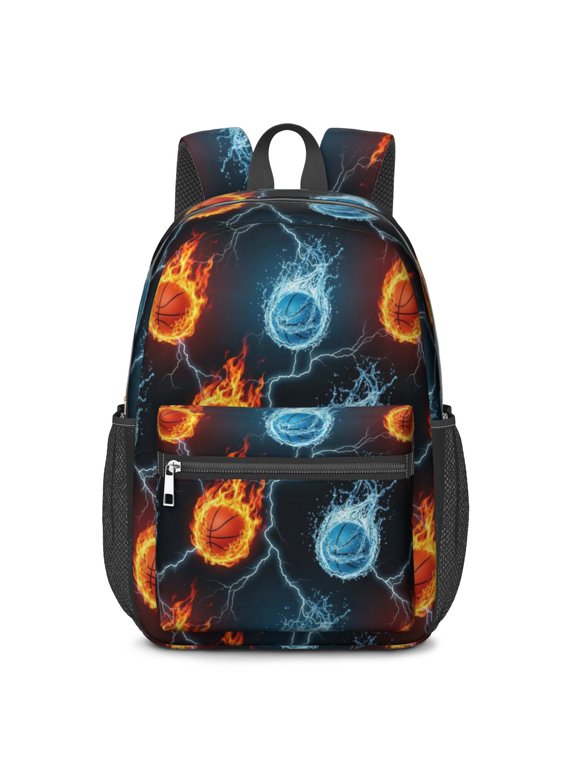Basketball and Fire Black Pattern 17" Waterproof Oxford School Backpacks for Teens, S-Shape Padded Straps, for School, Travel, Hiking, Camping