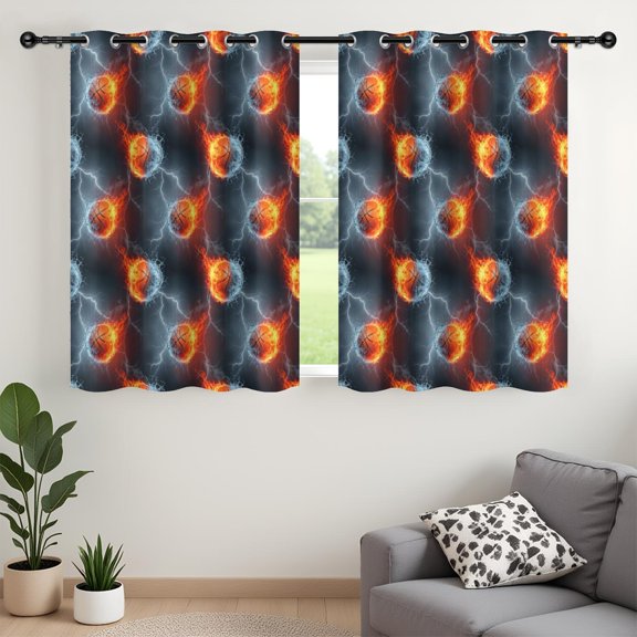 Basketball and Fire Black Pattern Blackout Curtains,Triple Weaved Fabric,Thermal Insulated,Room Darkening,Grommet Top,2 Panels,52x54in(132x137cm)