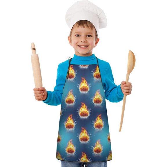 Basketball and Fire Blue Pattern Teens Aprons, Adjustable Neck Strap, Toddler & Teens Aprons for Cooking & Baking, 19x23.6 Inches