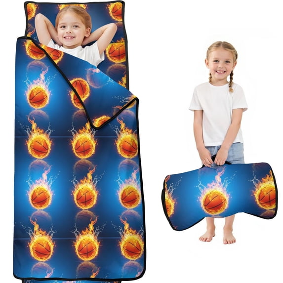 Basketball and Fire Blue Pattern Teens Toddler Nap Mat with Pillow, Sleeping Mat Bag for Preschool Daycare 59"x22"