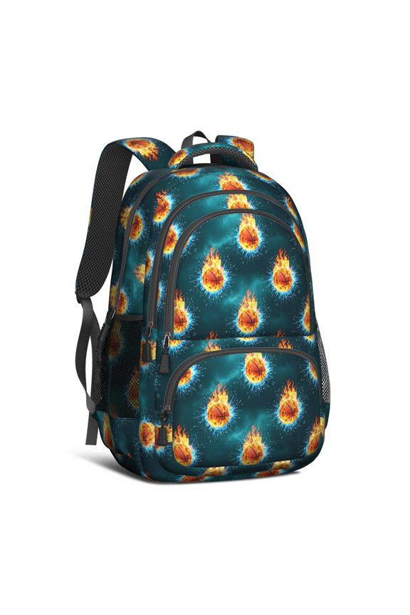 Basketball and Fire Teal Pattern Cute School Backpack Bag with Padded Back and Adjustable Shoulder Straps 16.9 X 12.6 X 5.9 Inches